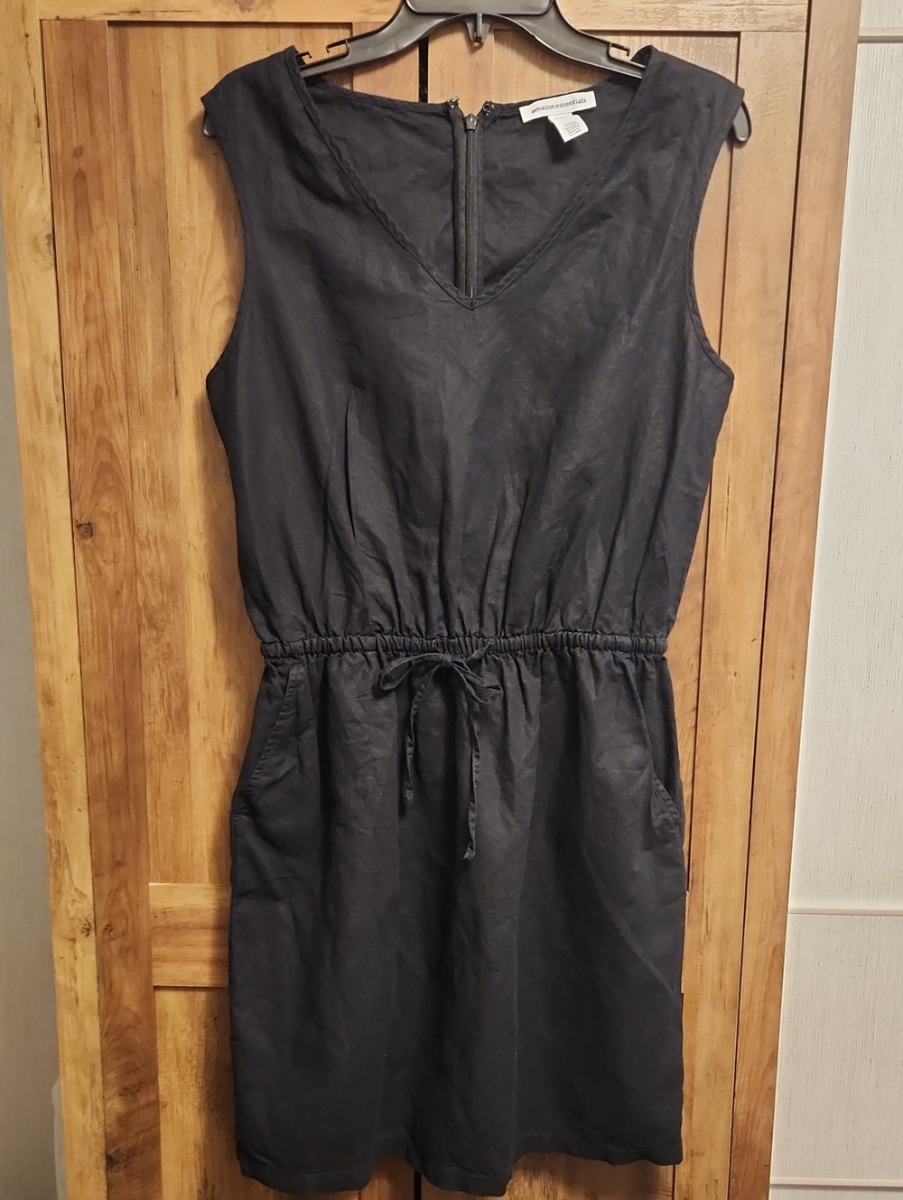 Amazon Essentials Black Linen-Blend Sleeveless V-Neck Drawstring Waist Dress